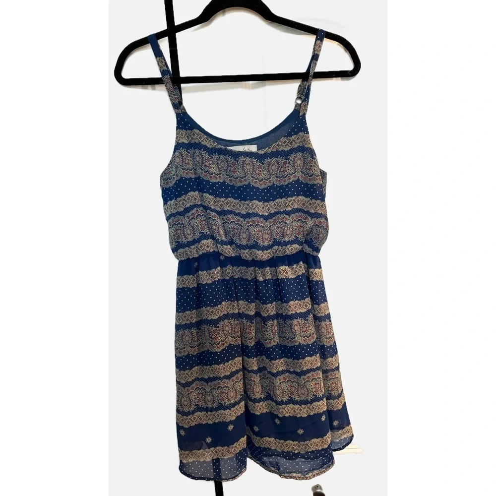 LUSH XS Tank Dress in blue polko dots, floral and stripes design in size XS - Picture 3 of 5
